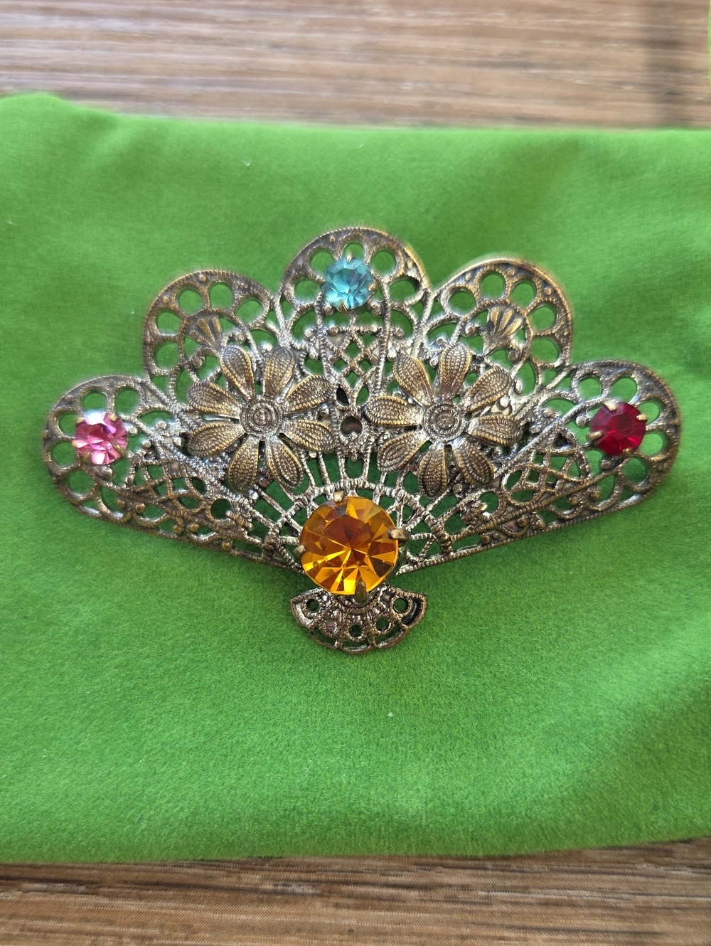 Vintage Filigree Fan Floral Brooch with Multicolor Crystals